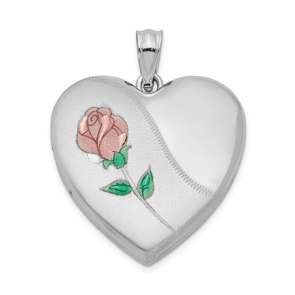 Sterling Silver and Enameled Rose Heart Locket, 24mm
